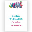 Trolls, adhesivo con campos de textos editables 7x5cm fondo blanco