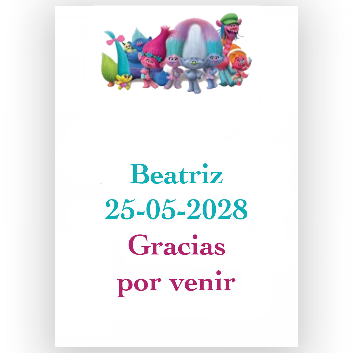 Trolls, adhesivo con campos de textos editables 7x5cm fondo blanco