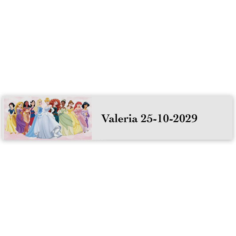 Princesas, etiqueta adhesiva con texto personalizable 5x1cm transparente