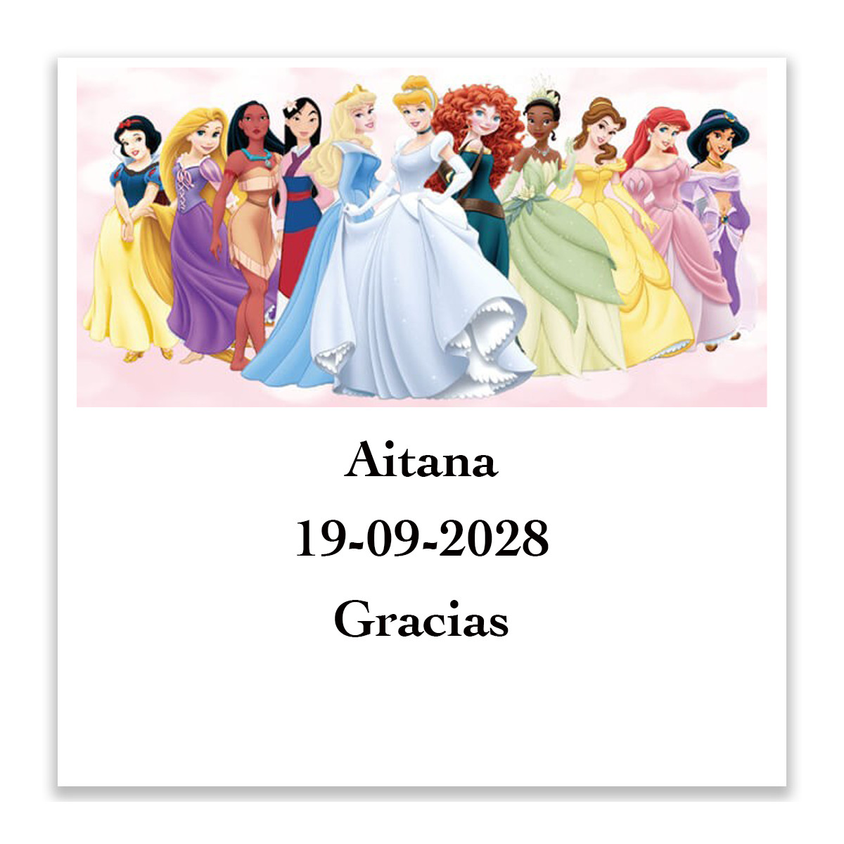 Princesas, adhesivo 5x5cm personalizado con texto y fondo blanco