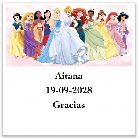Princesas, adhesivo 5x5cm personalizado con texto y fondo blanco