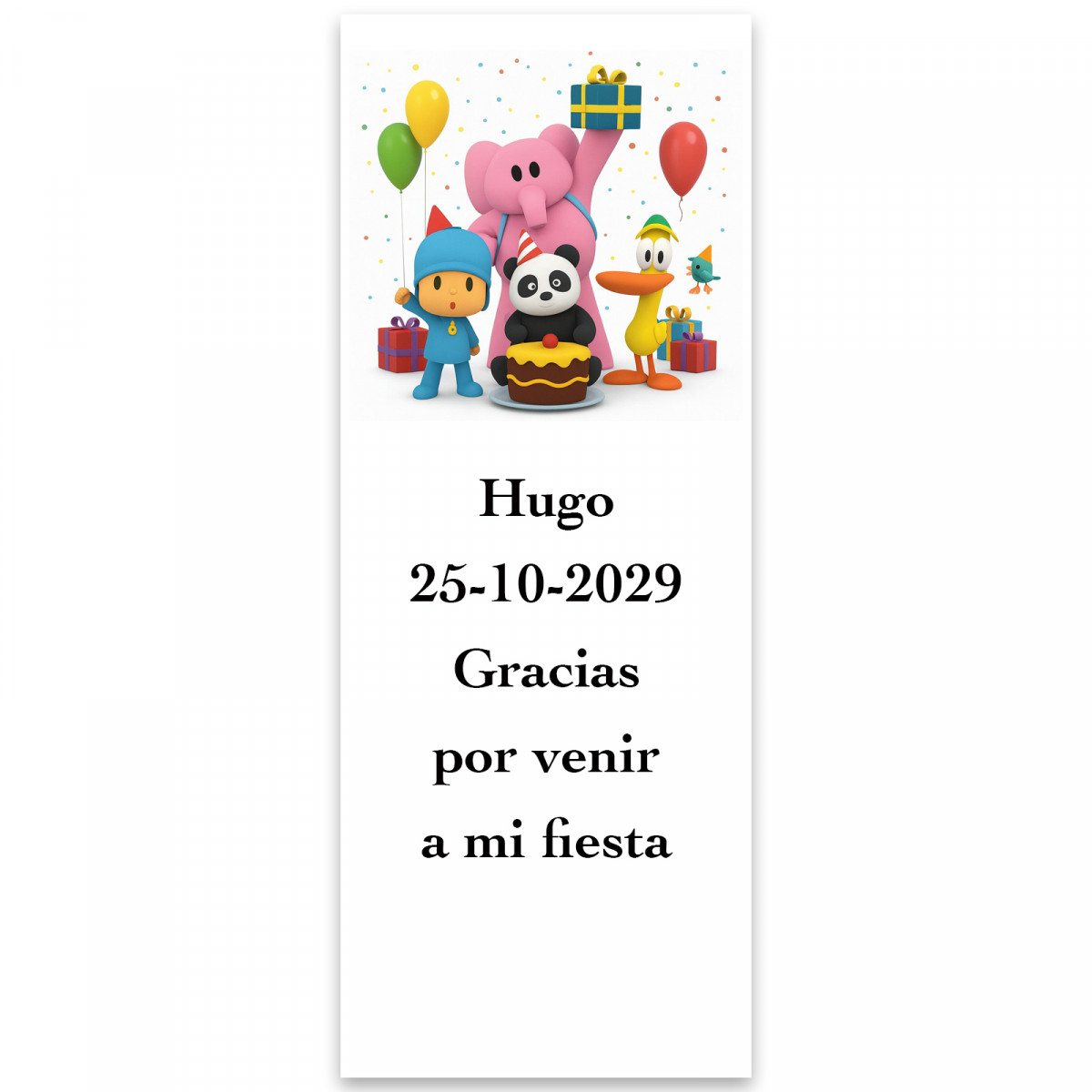 Pocoyó, adhesivo personalizado con fondo blanco y diseño vertical 5x13cm