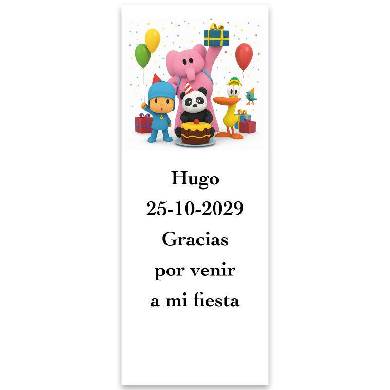 Pocoyó, adhesivo personalizado con fondo blanco y diseño vertical 5x13cm
