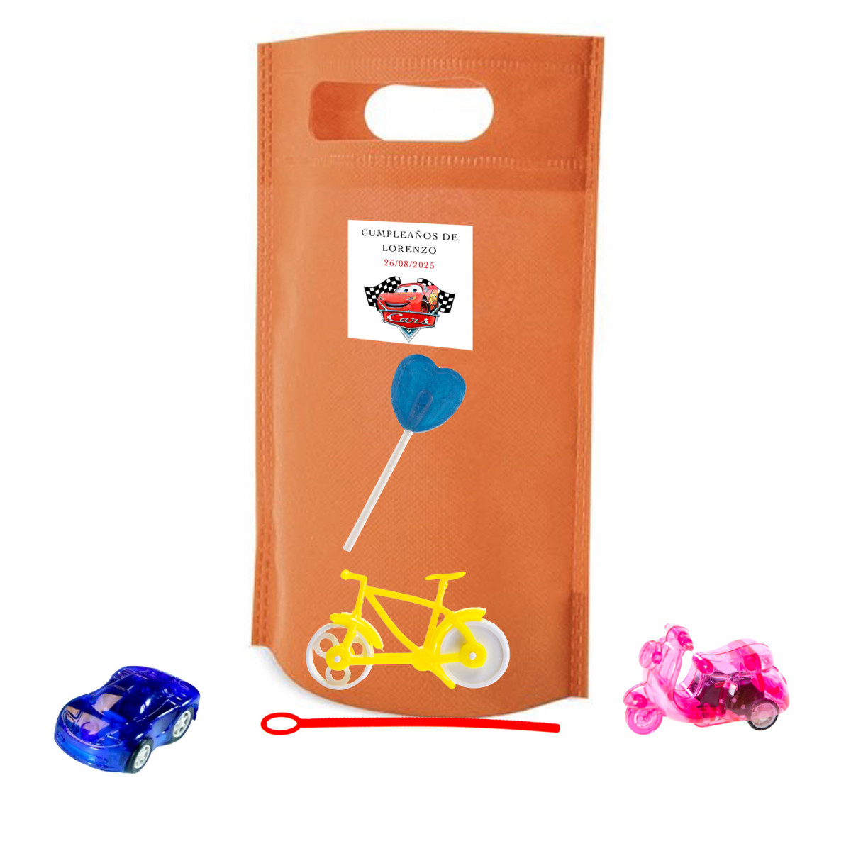 Cars detalle infantil con vehículos y piruleta