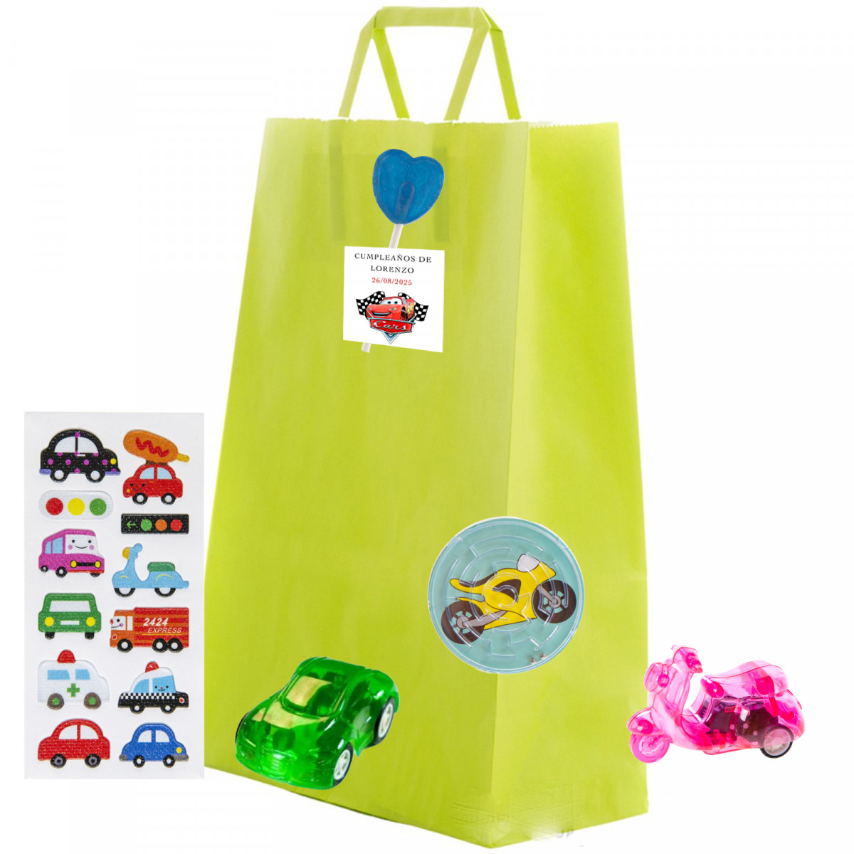 Cars detalle infantil con pegatinas juguetes y piruleta