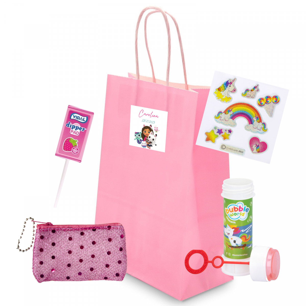 Gabby Gato detalle infantil con monedero pompero y pegatinas