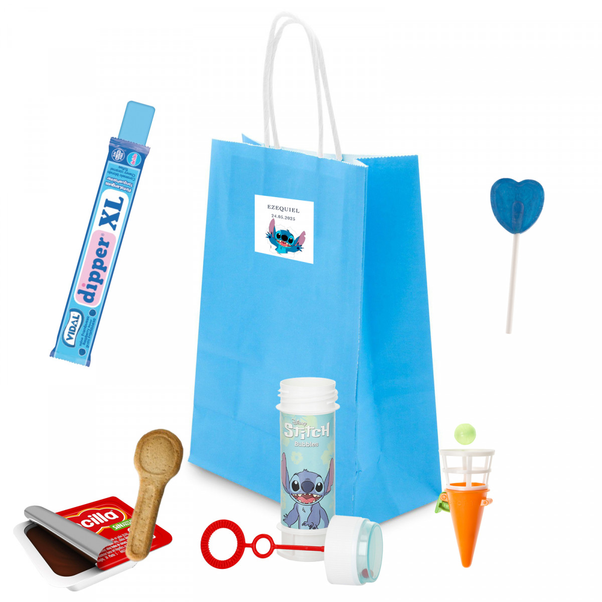 Stitch bolsa regalo personalizada con pompero y chuches