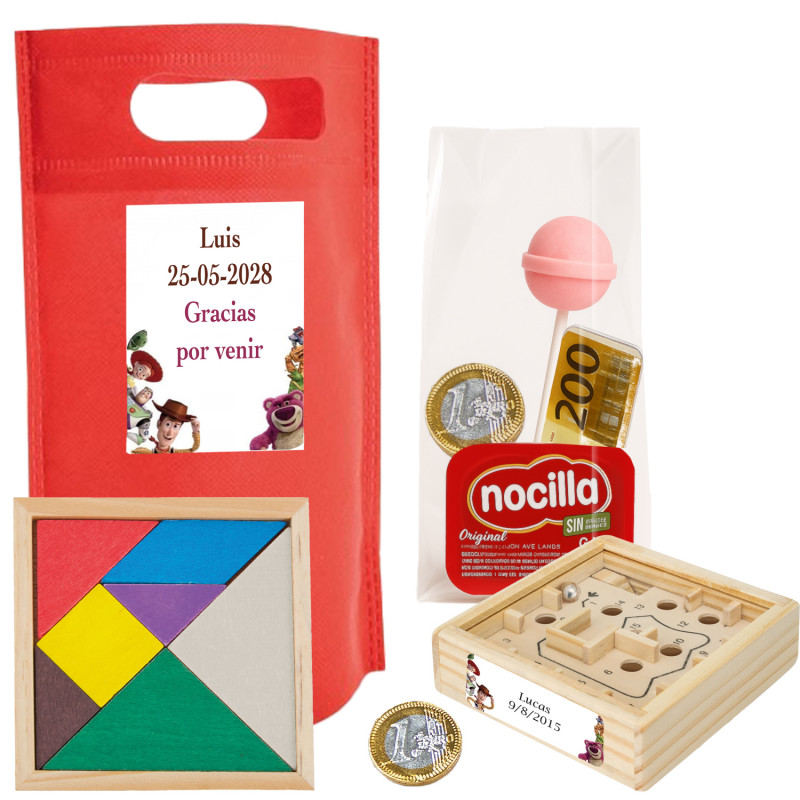 Toy Story bolsa piñata para cumples con chuches y juegos de madera