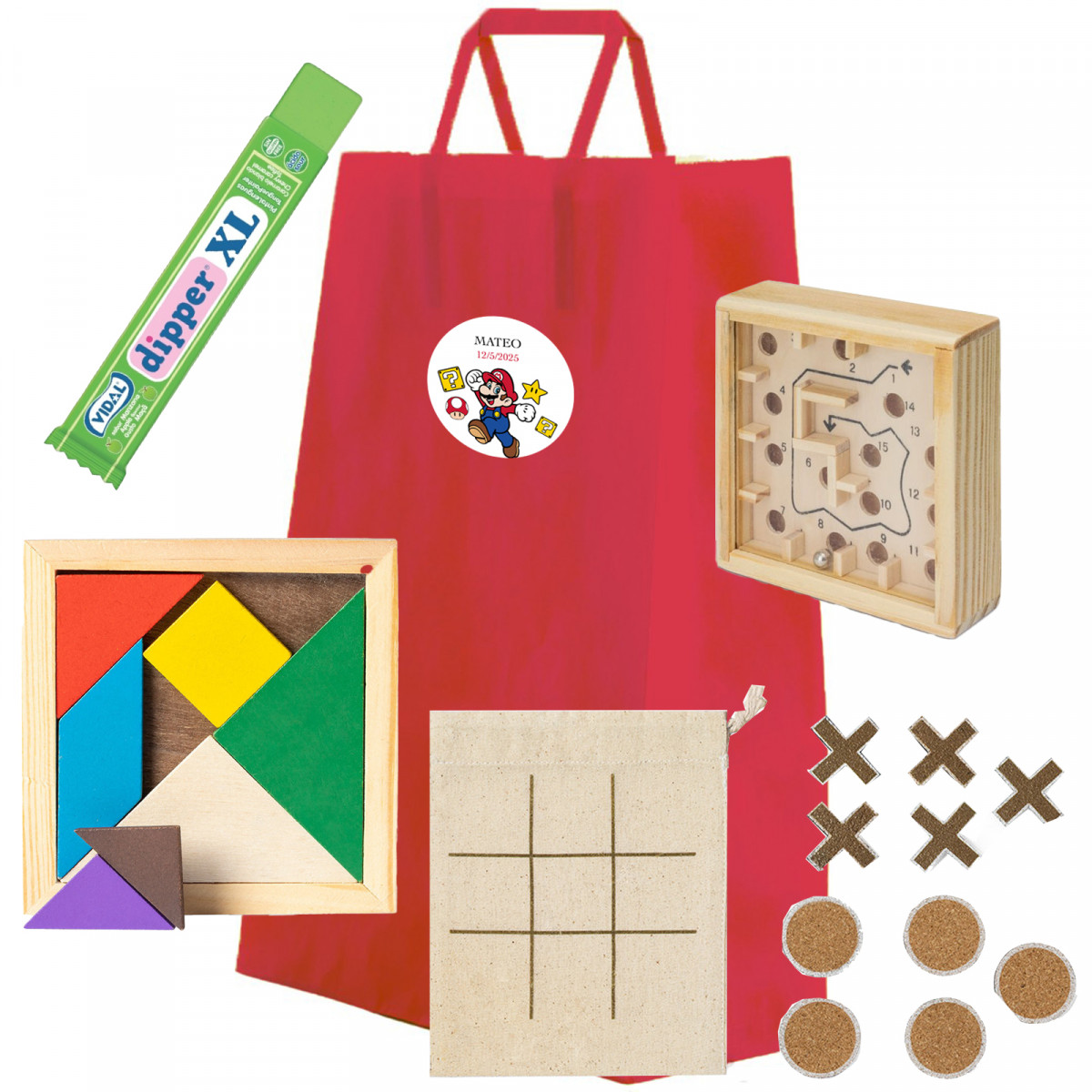 Super Mario Bros pack educativo con juegos de madera y chuche