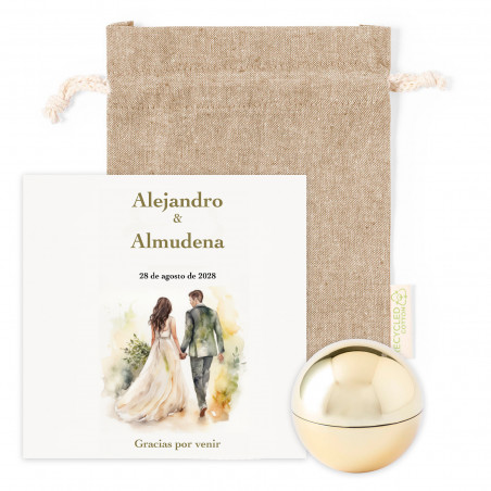 Bálsamo labial dorado con tarjeta de agradecimiento en bolsa de tela para detalles boda