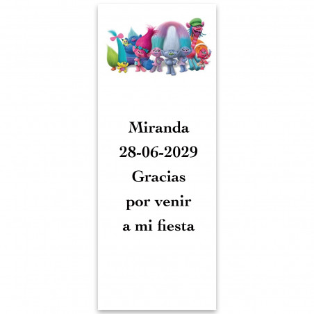Trolls, etiqueta adhesiva editable 13x5cm con fondo blanco