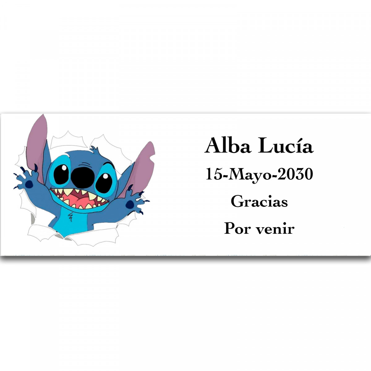 Stitch, etiqueta adhesiva personalizada con textos editables 13x5cm