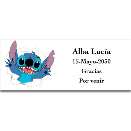 Stitch, etiqueta adhesiva personalizada con textos editables 13x5cm