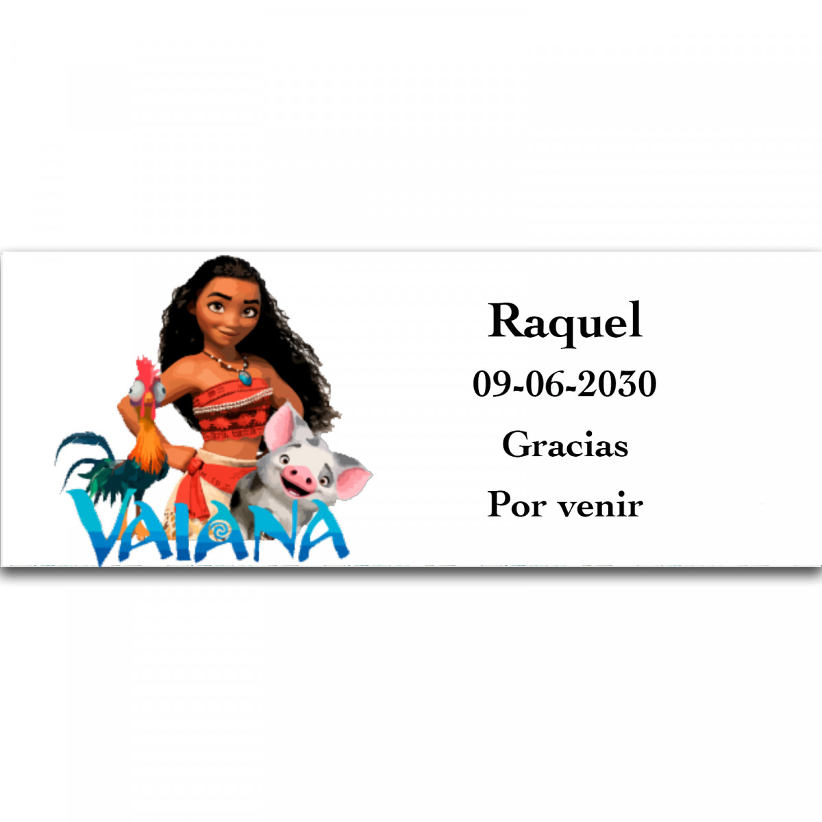 Vaiana Moana, etiqueta adhesiva con textos editables 13x5cm