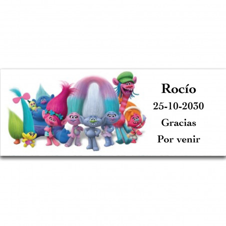 Trolls, adhesivo personalizado para eventos especiales 13x5cm