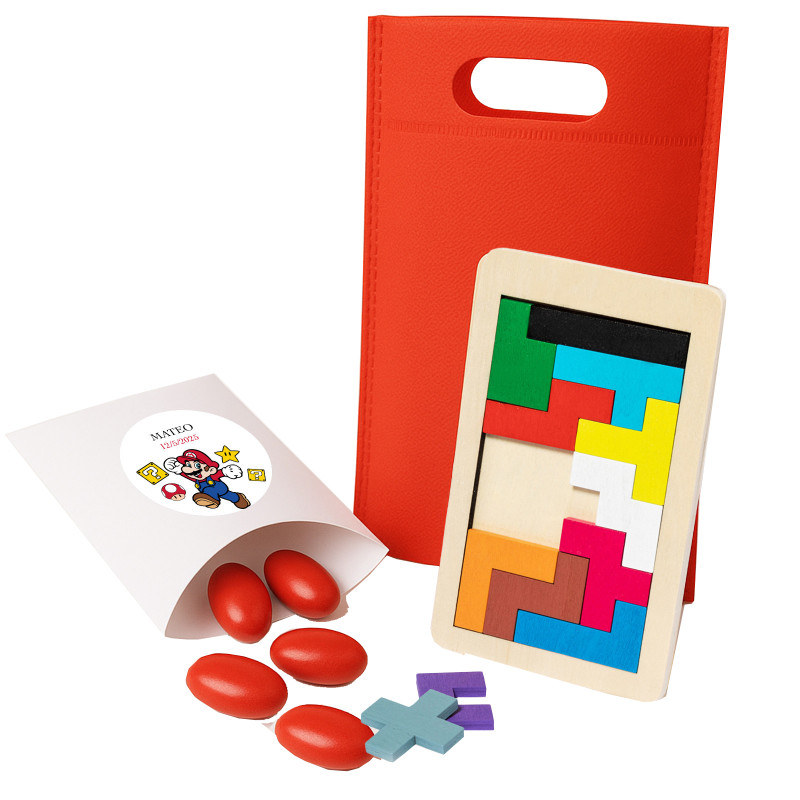 Súper Mario Bros, Puzzle Tetris de Madera y Caja con Peladillas Rojas Personalizadas