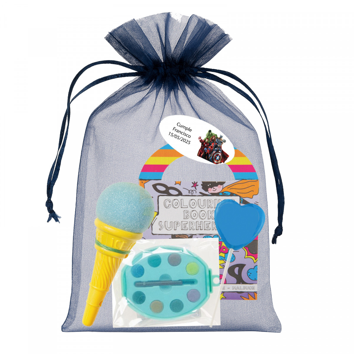 Avengers pack en bolsa de organza con regalos para niños