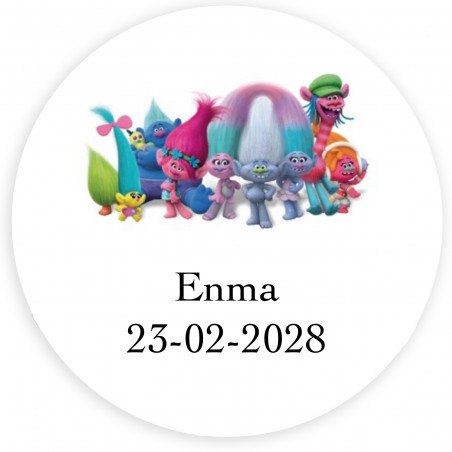 Trolls adhesivos 3cm con fondo blanco personalizados