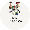 Toy story en un adhesivo redondo de 3 cm con fondo transparente