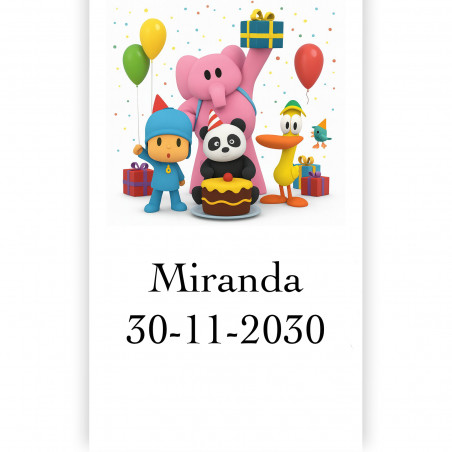 Pocoyó adhesivo con texto 5x3cm vertical