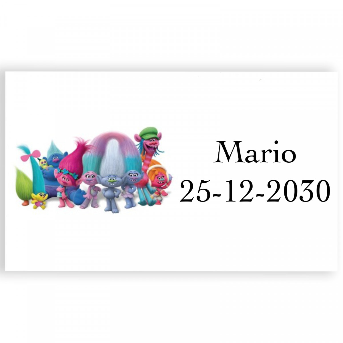 Trolls adhesivo personalizado con texto 3x5cm para eventos infantiles