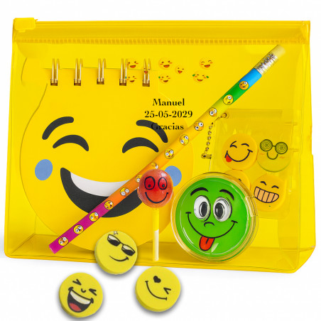 Emojis neceser amarillo con regalos de papelerías para niños