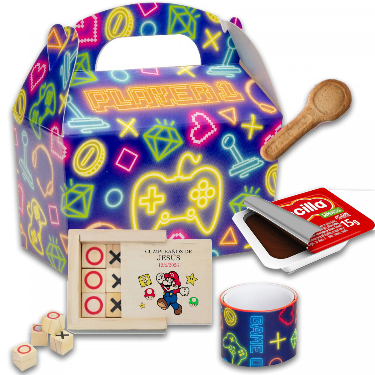 Mario bros caja sorpresa con nocilla y galleta más juegos de entretenimiento