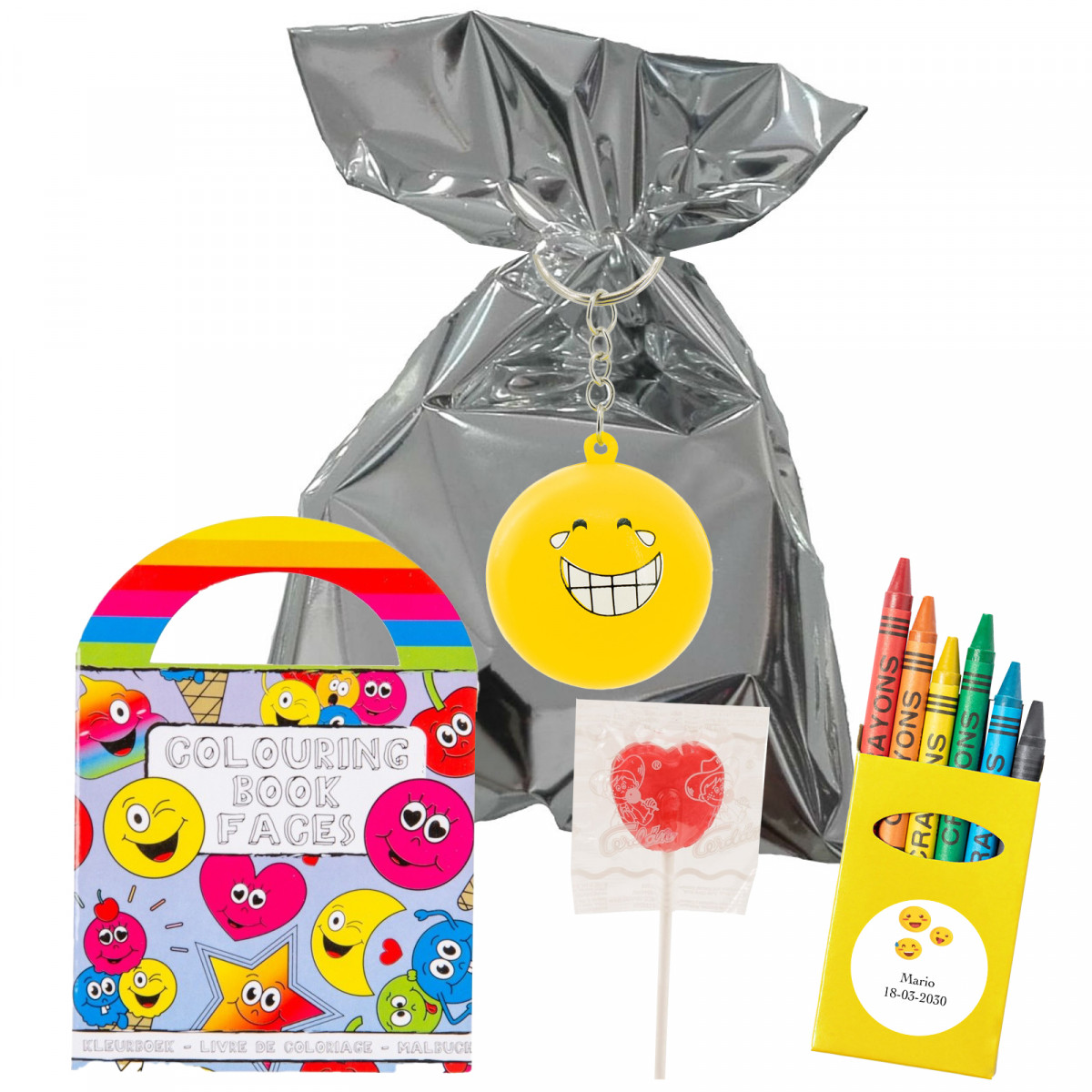 Emojis pack temático con libro para colorear llavero y chuche