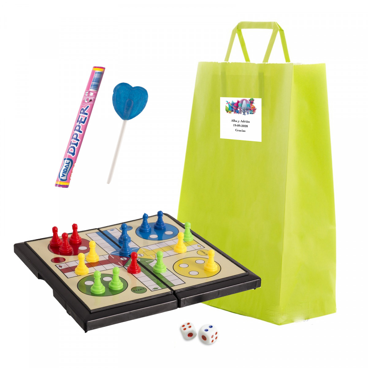 Trolls pack de regalo infantil con parchís de viaje y dulces