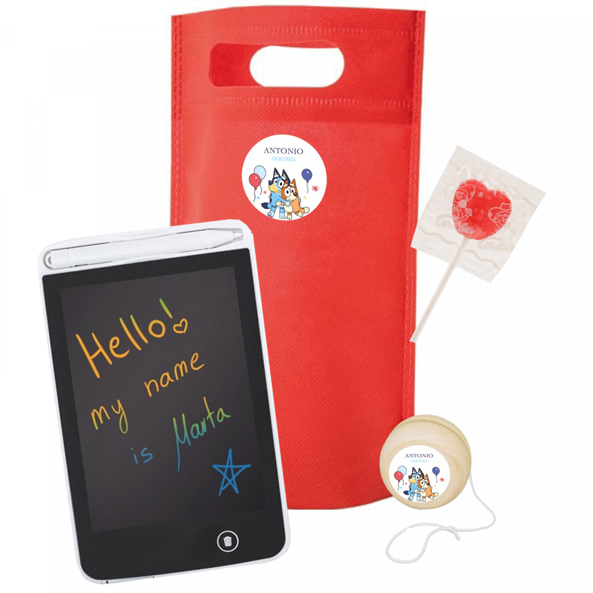Bluey y Bingo pack infantil con pizarra digital y yoyo de madera