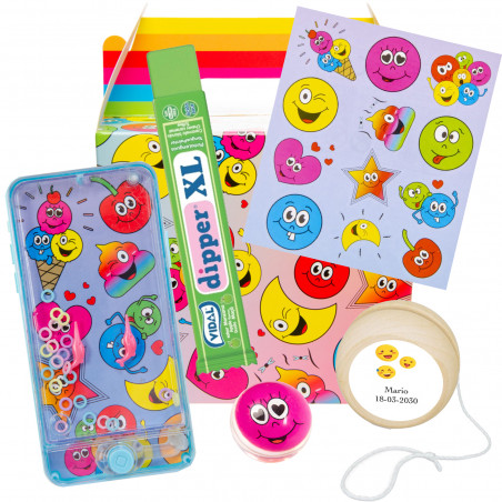 Emojis caja regalo para invitados con juegos pegatinas y chuche