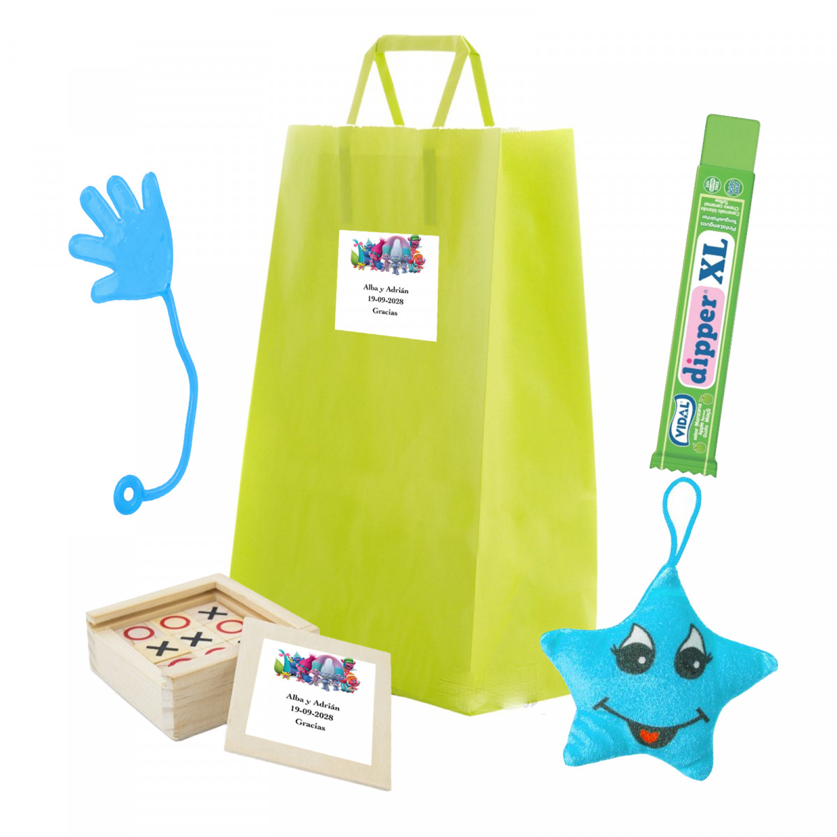 Trolls juego de tres en raya personalizado y peluche en bolsa personalizable