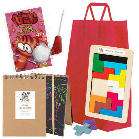 Bluey y Bingo detalles creativos para invitados en bolsa roja
