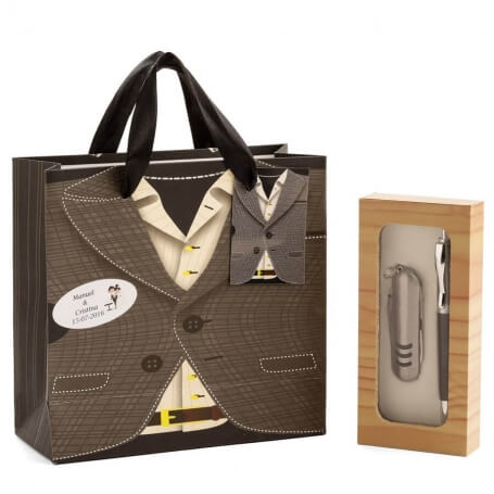 Navaja y bolígrafo para boda presentado en caja y bolsa personalizada
