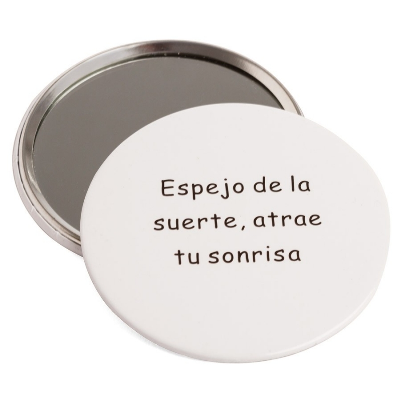 Espejo de bolso blanco con frase