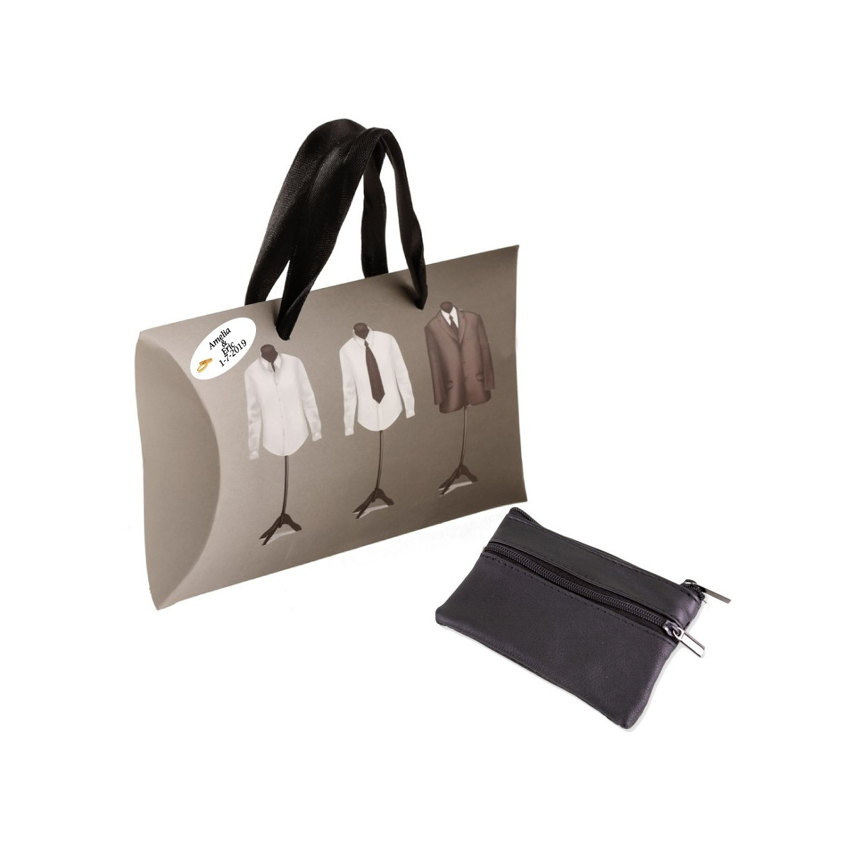 Monedero de polipiel negro con estuche y adhesivo personalizado Un detalle elegante y práctico para bodas