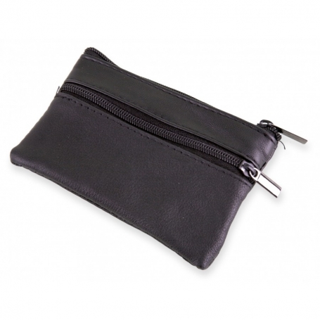 Monedero de polipiel negro con estuche y adhesivo personalizado Un detalle elegante y práctico para bodas