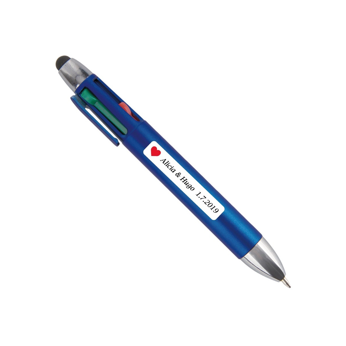Bolígrafo con cuatro colores personalizado con adhesivo para invitados