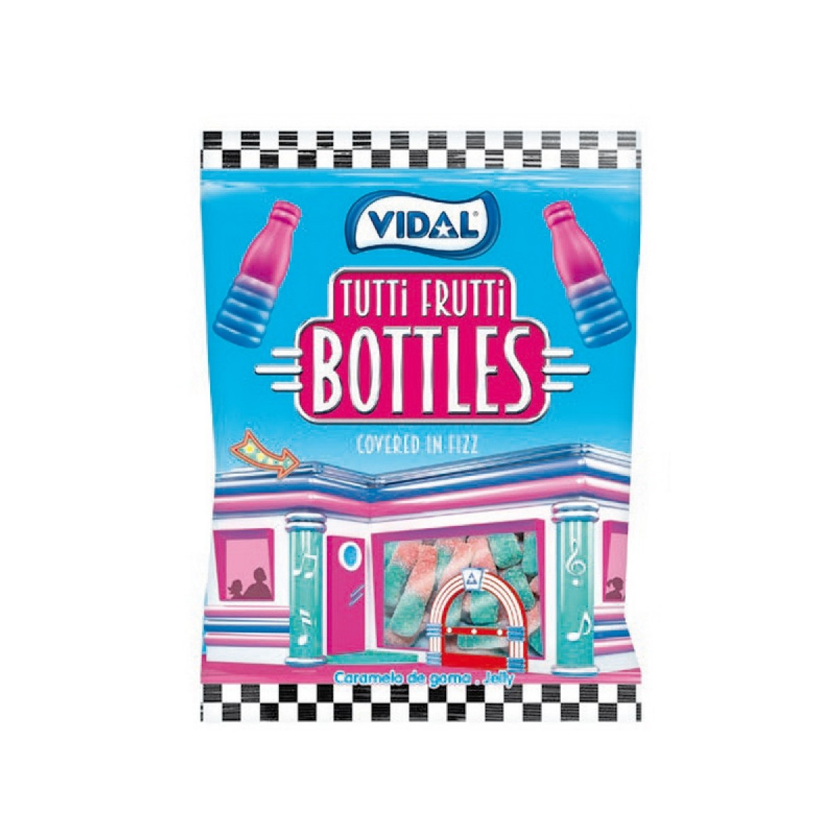 Botellas de golosinas sabor tutti frutti