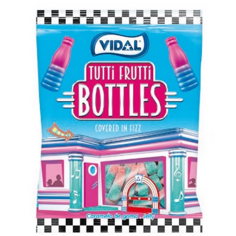 Botellas de golosinas sabor tutti frutti