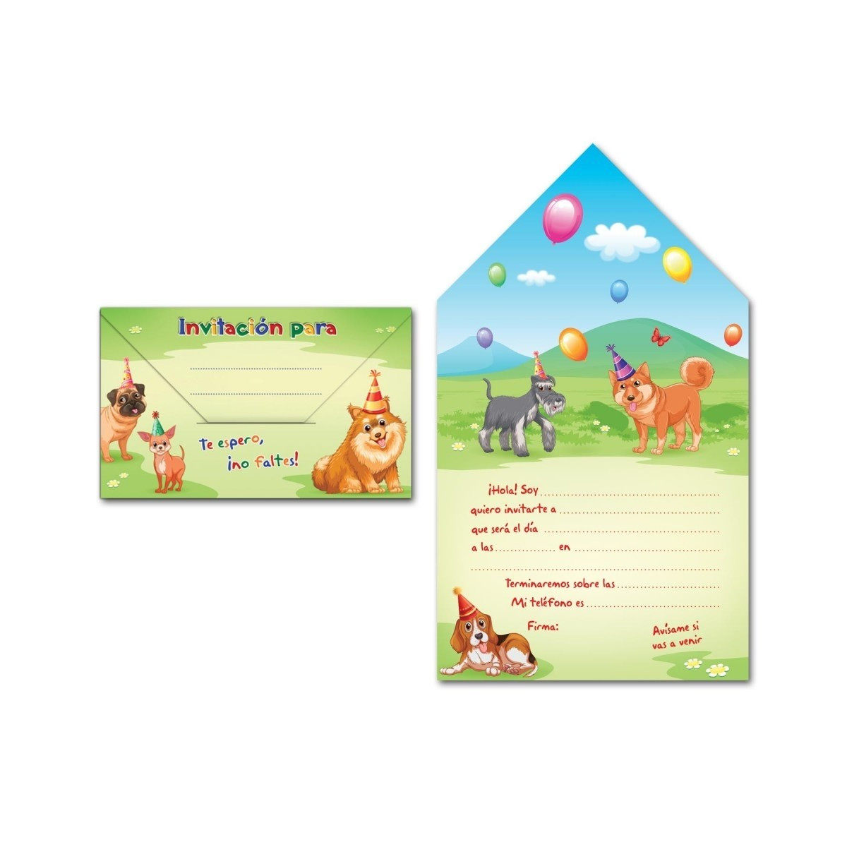 Pack 8 invitación sobre de perros