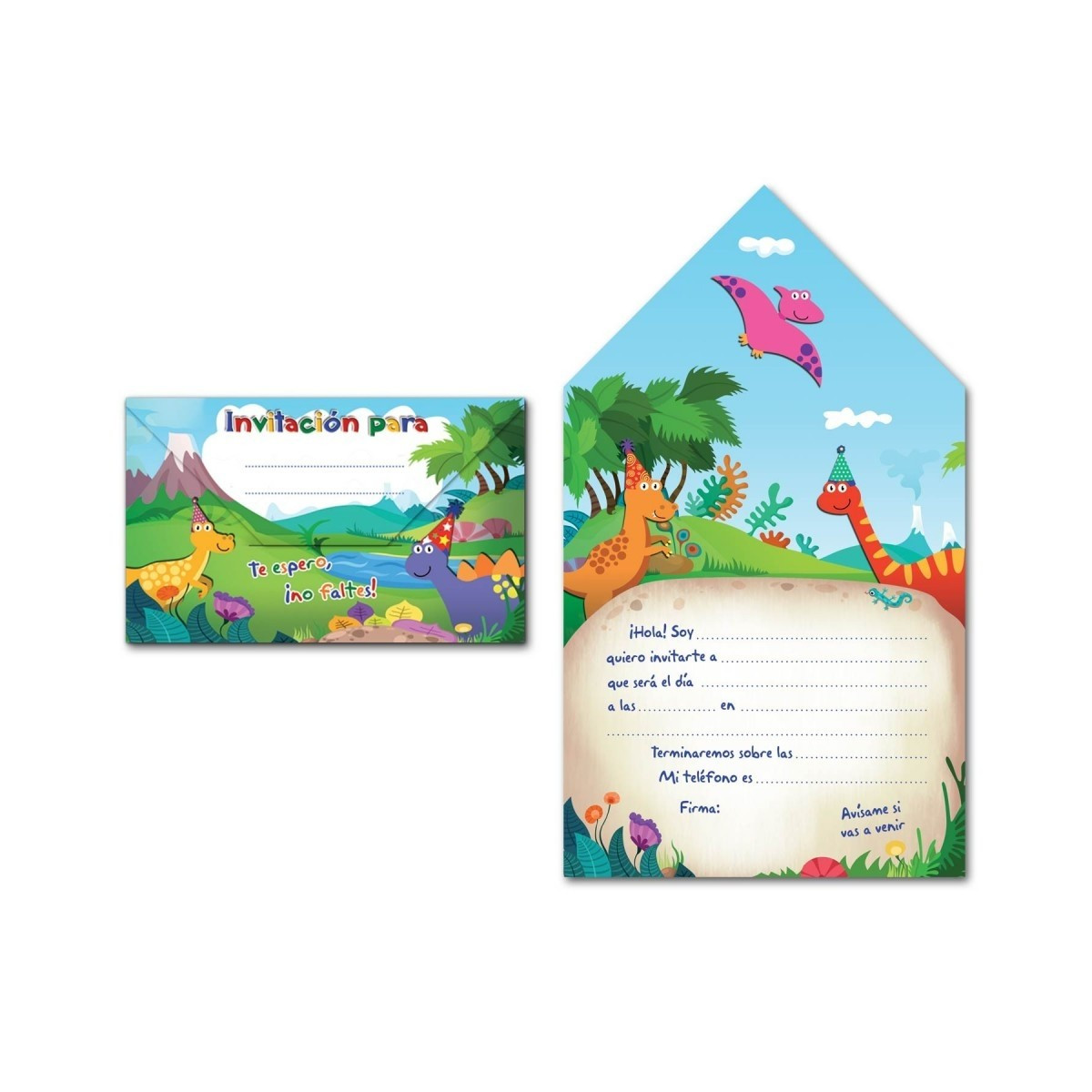 Pack 8 invitación sobre de dinosaurios
