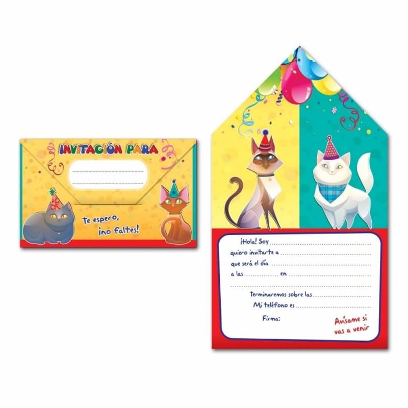 Pack 8 Invitación De Cumpleaños De Gatos Pack 8 Invitación De Cumpleaños De Gatos