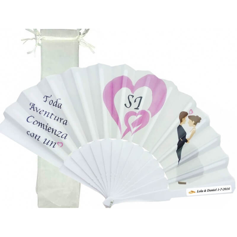 Abanico elegante para bodas personalizable con bolsa de organza