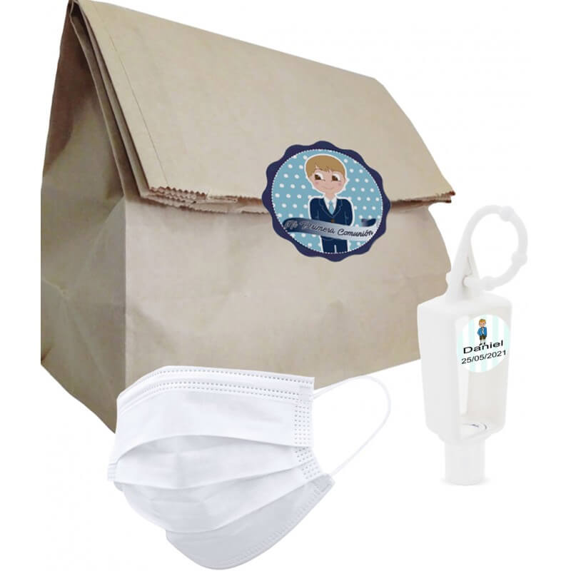 Mascarilla y bote de gel rellenable para comunión niño personalizable